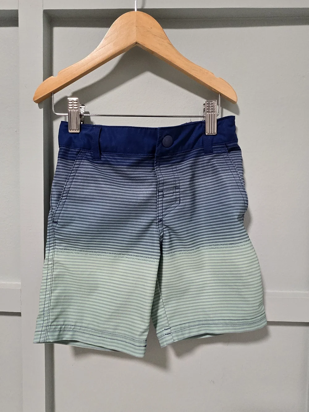 Boys Ombre Stripe Pull-On Shorts in Navy and Mint Swim Trunks Tropical